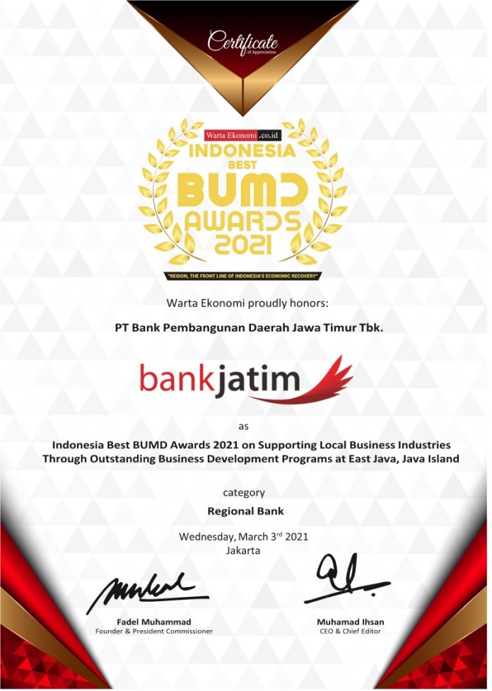 Bank Jatim Raih Penghargaan Indonesia Best BUMD Awards 2021