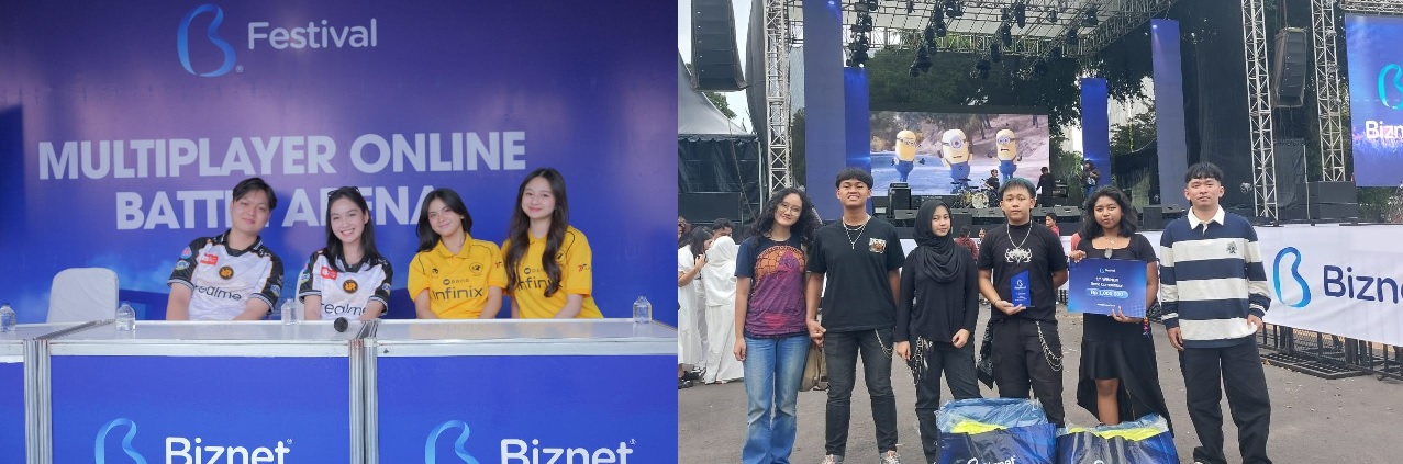 Brand Ambassador (BA) tim e-sport papan atas Indonesia, ONIC dan RRQ Salah satu daya tarik yang paling dinanti dalamkompetisi MOBA (Mobile) pada Biznet Festival 2026 di Surabaya (kiri), The Fortune Rock dari Sidoarjo pemenang juara 1 Kompetisi band Biznet Festival 2026 di Surabaya (kanan)
